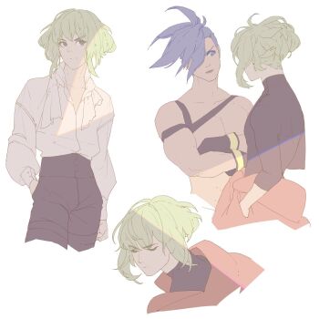 2boys belt black_belt black_gloves black_pants black_shirt blonde_hair blue_eyes blue_hair chest_belt closed_eyes clothes_around_waist collared_shirt commentary cropped_legs crossed_arms english_commentary galo_thymos gloves hair_between_eyes hair_over_one_eye hand_in_pocket jacket jacket_around_waist lio_fotia long_sleeves looking_at_another looking_to_the_side lower_eyelashes_only male_focus mohawk multiple_boys open_collar open_mouth pants promare red_jacket shirt shirt_tucked_in sideways_glance simple_background turtleneck vonnabeee white_background white_shirt