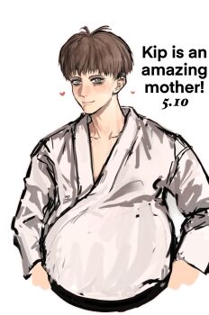 1boy animification antenna_hair bad_id bad_tumblr_id bags_under_eyes bathrobe big_belly biggunos blue_eyes blush bowl_cut brown_hair character_name closed_mouth collarbone commentary commission cropped_torso dated english_commentary english_text hair_behind_ear hands_on_own_hips happy_mother's_day heart highres kip_kinkel lips looking_at_viewer male_focus male_pregnancy nostrils pregnant real_life robe second-party_source short_bangs short_hair smile solo true_crime very_short_hair white_robe