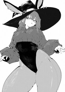 1girl animal_ear_fluff animal_ears closed_mouth commentary cowboy_shot cropped_hoodie double-parted_bangs ears_through_headwear english_commentary greyscale hat highleg highleg_leotard highres hood hood_down hoodie leotard long_hair long_sleeves looking_at_viewer miregeist monochrome mouth_hold original pantyhose pear-shaped_figure rabbit_ears rabbit_girl simple_background solo thick_thighs thighs val_(yan_kodiac) white_background witch witch_hat