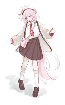 1girl alternate_costume bag beret black_shoes black_skirt coat diamond-shaped_pupils diamond_(shape) earrings elf elysia_(hi_love_elf)_(honkai_impact) elysia_(honkai_impact) full_body grey_coat hat heart heart_earrings highres honkai_(series) honkai_impact_3rd jewelry long_hair looking_at_viewer multicolored_hair necktie pink_hair pleated_skirt pointy_ears purple_eyes red_necktie school_uniform shoes shoulder_bag simple_background skirt socks solo symbol-shaped_pupils two-tone_hair very_long_hair white_background white_hair white_socks yily501902