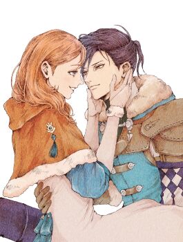 1boy 1girl annette_fantine_dominic annette_fantine_dominic_(timeskip) black_hair blue_eyes blue_pants bridal_gauntlets brown_eyes capelet carrying commentary_request couple dress eye_contact felix_hugo_fraldarius felix_hugo_fraldarius_(timeskip) fire_emblem fire_emblem:_three_houses fur-trimmed_capelet fur_collar fur_trim hands_on_another&#039;s_face hetero highres long_hair looking_at_another mgmg_g_zzz nintendo orange_capelet orange_hair pants princess_carry profile simple_background smile white_background white_dress