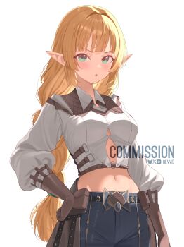 1girl absurdres blonde_hair blue_pants blush breasts brown_gloves commentary commission english_commentary gloves green_eyes highres large_breasts long_hair long_sleeves looking_at_viewer midriff navel original pants parted_lips pointy_ears revvie shirt simple_background solo white_shirt