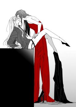 2girls absurdres bare_arms bite_mark bite_mark_on_ass bite_mark_on_thigh blush bottomless closed_eyes closed_mouth collared_shirt commentary_request dress earrings gradient_background greyscale hand_on_another's_thigh high_heels highres jewelry kiss long_hair long_sleeves monochrome multiple_girls nail_polish original pants_around_one_leg red_dress shirt sleeveless sleeveless_dress spot_color szm_hattori01 tall thigh_strap yuri