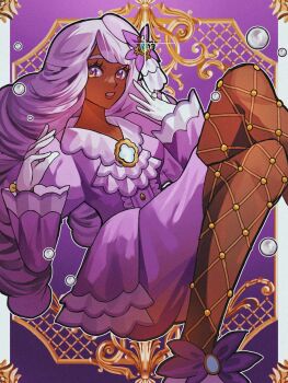 1girl ascot dark-skinned_female dark_skin dress fascinator fishnet_pantyhose fishnets frilled_ascot frills gloves gold_ring hair_ornament highres jacinthe_(pokemon) juliet_sleeves long_hair long_sleeves looking_at_viewer low_drills mega_stone nintendo open_mouth pantyhose pokemon pokemon_legends:_z-a puffy_sleeves purple_dress purple_hair reo_(mmocc123) solo very_dark_skin white_gloves