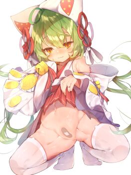 1girl :3 ahoge akashi_(azur_lane) akashi_(white_cat&#039;s_repayment)_(azur_lane) animal_hood azur_lane bandaid bandaid_on_pussy bare_shoulders bell blush clothes_lift commentary detached_sleeves dollar_sign dress green_hair hair_between_eyes hood japanese_clothes jewelry jingle_bell kimono lifting_own_clothes loli long_hair long_sleeves looking_at_viewer mole mole_under_eye navel no_panties nose_blush ornate_ring pleated_skirt red_skirt ring semimarusemi shiny_skin simple_background skirt skirt_lift sleeves_past_wrists solo spread_legs squatting thighhighs tri_tails uchikake wedding_band wedding_dress white_background white_kimono white_thighhighs wide_sleeves yellow_eyes