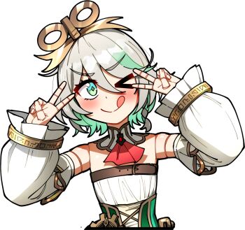 &gt;_o 1girl ;q ascot bare_shoulders blush cecilia_immergreen cecilia_immergreen_(1st_costume) ddolbang detached_sleeves doll_joints double_v eyelashes green_eyes green_hair grey_hair highres hololive hololive_english joints multicolored_hair one_eye_closed red_ascot short_hair smile solo tongue tongue_out transparent_background two-tone_hair upper_body v virtual_youtuber winding_key
