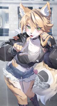 1girl absurdres animal_ear_fluff animal_ears black_boots black_jacket blonde_hair blue_shorts body_fur boots breasts building cat_ears cat_girl cat_tail charm_(object) collarbone commentary_request ear_piercing earrings fangs fur-trimmed_shorts fur_trim furry furry_female glass green_eyes grey_shirt heart heart_necklace highres jacket jewelry long_hair medium_breasts midriff multicolored_fur navel necklace outdoors piercing pink_nails pulchra_fellini qingkefu_yixia raised_eyebrow shirt shorts solo tail tongue torn_clothes torn_shirt window yellow_fur zenless_zone_zero