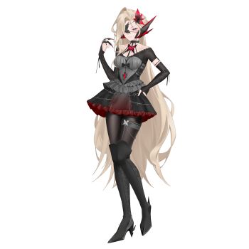 1girl absurdres alternate_costume bare_shoulders belt blonde_hair boots bow breasts choker commission commissioner_upload detached_sleeves eyelashes eyepatch flower frilled_skirt frills full_body genshin_impact goth_fashion gothic_lolita hair_flower hair_ornament hand_on_own_hip high_heel_boots high_heels highres knee_boots light_smile lolita_fashion long_bangs long_hair looking_at_viewer mature_female mechanical_ears medium_breasts non-web_source petite pink_eyes rhan signora_(genshin_impact) skirt solo thigh_strap thighhighs transparent_background vision_(genshin_impact)