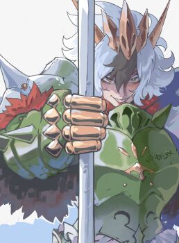 1girl almonde_jagger_(nyantcha) armor brown_hair chesnaught colored_bangs commentary creature_and_personification english_commentary english_text gen_6_pokemon grin highres looking_at_viewer mega_chesnaught multicolored_hair nintendo nyantcha original personification pokemon pokemon_legends:_z-a polearm project_life_(nyantcha) simple_background smile two-tone_hair weapon white_background white_hair