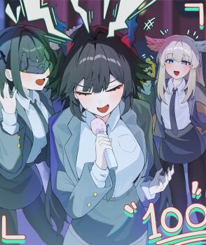 Rule 34 | 3girls, absurdres, alternate costume, arknights, arknights: endfield, black hair, black mask, blue eyes, chen qianyu (arknights), closed eyes, collared shirt, commentary, dragon girl, dragon horns, eastern dragon horns, endministrator (arknights), female endministrator (arknights), formal clothes, grey hair, grey necktie, grey skirt, grey suit, head wings, highres, holding, holding microphone, horns, indoors, katr5878, long hair, long sleeves, mask, microphone, multiple girls, necktie, office lady, open mouth, pencil skirt, perlica (arknights), shirt, skirt, suit, twintails, white shirt, wings