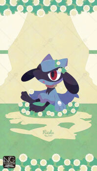 1other black_fur blue_fur dandelion ear_flower flower furry gen_4_pokemon highres meme_(sleepsheep) multicolored_fur nintendo other_focus pokemon pokemon_(creature) pokemon_focus red_eyes riolu sitting tail two-tone_fur