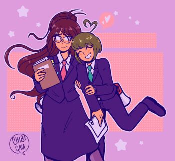 Rule 34 | 2girls, ^ ^, ahoge, alternate costume, alternate hairstyle, antenna hair, aqua necktie, arm hug, artist name, black jacket, black pants, black shoes, black skirt, black suit, blush, brown hair, chibigaia, clipboard, closed eyes, closed mouth, collared shirt, commentary, danganronpa (series), danganronpa another episode: ultra despair girls, english commentary, eyelashes, formal clothes, fukawa toko, glasses, green hair, hair ornament, hairclip, heart, heart ahoge, holding, holding clipboard, holding paper, jacket, long hair, long skirt, long sleeves, megaphone, multiple girls, naegi komaru, necktie, outline, pants, paper, paperclip, pink background, ponytail, purple eyes, red necktie, shirt, shoes, short hair, sidelocks, skirt, smile, split mouth, standing, standing on one leg, star (symbol), suit, suit jacket, white outline, white shirt