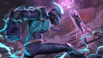 2boys arena armor e-soul_(to_be_hero_x) electricity electrokinesis fighting helmet lightning multiple_boys power_armor rain skyline to_be_hero to_be_hero_x