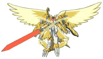 1boy android angel_wings armor blue_eyes digimon digimon_xros_wars fangs full_armor halo holding holding_weapon horns looking_at_viewer machine no_humans official_art shoutmon_x7_superior_mode weapon wings