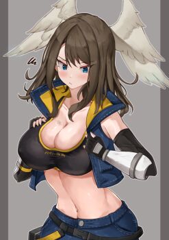 1girl absurdres black_gloves black_sports_bra blue_eyes blue_vest breast_tattoo breasts brown_hair cleavage collared_vest cosplay crop_top cropped_vest denim_vest elbow_gloves eunie_(xenoblade) fingerless_gloves gloves head_wings highres jacket large_breasts long_hair midriff navel open_clothes open_vest sena_(xenoblade) sena_(xenoblade)_(cosplay) shorts simple_background solo sports_bra tattoo tight_clothes vest white_wings wings xenoblade_chronicles_(series) xenoblade_chronicles_3 yotsuha_uni