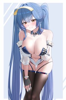 1girl absurdres alternate_breast_size_(larger) azur_lane black_thighhighs blue_hair blush breasts cleavage commentary_request detached_collar essex_(azur_lane) essex_(start_line_splash)_(azur_lane) gloves grin highres holding holding_hose hose large_breasts leaning_forward leotard long_hair looking_at_viewer official_alternate_costume open_mouth race_queen smile solo thighhighs twintails very_long_hair visor_cap zerotwenty_(020)