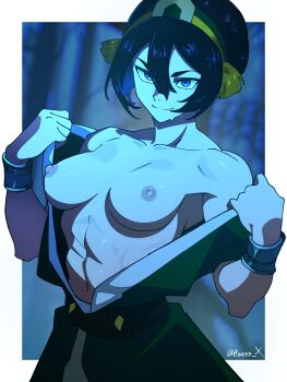 1girl abs armpits artist_name avatar:_aang_the_last_airbender avatar_legends bare_shoulders black_hair border bracelet breasts commentary english_commentary green_hairband grey_eyes haennx hair_between_eyes hair_bun hairband highres jewelry light_smile medium_breasts muscular muscular_female navel night nipples outdoors sidelocks single_hair_bun solo sweatdrop toph_beifong twitter_username undressing upper_body white_border