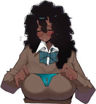 1girl black_hair blue_panties blue_ribbon blush breasts broccoli_(ohasi) cardigan closed_eyes collared_shirt commentary dark-skinned_female dark_skin face_piercing facing_viewer flying_sweatdrops glasses hair_between_eyes hands_up holding holding_panties holding_underwear holding_unworn_clothes kinky_hair large_breasts lip_piercing long_hair long_sleeves neck_ribbon ohasi original panties piercing ribbon round_eyewear school_uniform shirt side_labret_piercing sleeves_past_wrists solo sweatdrop symbol-only_commentary underwear very_dark_skin zipper_panties