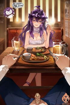 1boy 1girl beer_mug chastity_cage cleavage_cutout clothing_cutout cup exhibitionism femdom food fork highres holding holding_food holding_key holding_knife key knife looking_at_viewer mug open_fly original penis pov public_indecency purple_hair restaurant seductive_smile smile spread_legs table under_table yeougui