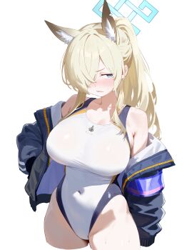 1girl absurdres animal_ear_fluff animal_ears armband armpit_crease bare_shoulders black_jacket blonde_hair blue_archive blue_armband blue_eyes blush breasts collarbone commentary covered_navel cropped_legs curvy extra_ears hair_over_one_eye halo hand_in_pocket highleg highleg_one-piece_swimsuit highres jacket jacket_partially_removed kanna_(blue_archive) kanna_(swimsuit)_(blue_archive) large_breasts long_hair looking_at_viewer nude official_alternate_costume one-piece_swimsuit one_eye_covered ponytail sharp_teeth simple_background skindentation solo sweatdrop swimsuit teeth thick_thighs thighs very_long_hair white_background white_one-piece_swimsuit yue3621