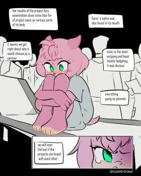 1girl alternate_universe amy_rose angry annoyed averting_eyes barefoot blush coat commentary curled_up embarrassed english_commentary eyelashes fetal_position fire green_eyes highres hospital_gown hugging_own_legs knees_to_chest lab_coat looking_down nervous_sweating physical_examination pink_fire quaverdraws scientist short_hair short_sleeves short_tail solo_focus sonic_(series) sweat tail tearing_up wavy_eyebrows white_coat