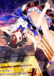 1girl 2015 arrow_(symbol) arrow_print bare_legs blue_bow blue_bowtie blue_sash bow bowtie collared_dress commentary_request dress fang finger_gun frilled_dress frills highres horns indoors kijin_seija kneepits light_particles looking_at_viewer multicolored_dress multicolored_hair puffy_short_sleeves puffy_sleeves red_eyes sandals sash short_hair short_sleeves skin_fang smile streaked_hair torii_sumi touhou upside-down