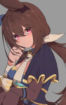 1girl admire_vega_(starry_nocturne)_(umamusume) admire_vega_(umamusume) animal_ears black_pantyhose blue_dress blush breasts brown_hair closed_mouth dress ear_covers ear_ornament hair_between_eyes highres horse_ears horse_girl horse_tail long_hair long_sleeves looking_at_viewer low_ponytail medium_breasts mountain_yasan necktie pantyhose ponytail purple_eyes simple_background single_ear_cover smile solo tail umamusume white_necktie