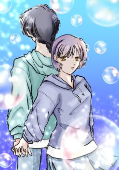Rule 34 | 1boy, 1girl, blue background, blue hair, blue hoodie, blue skirt, braid, brown eyes, bubble, commentary request, gakogako4452, green hoodie, hetero, highres, holding hands, hood, hoodie, parted lips, pleated skirt, purple hair, ranma 1/2, saotome ranma, short hair, single braid, skirt, tendou akane