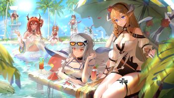 Rule 34 | 2boys, 5girls, absurdres, angelina (arknights), angelina (summer flower) (arknights), animal ears, arknights, bare shoulders, beach chair, beach umbrella, bear ears, beeswax (arknights), beeswax (holiday) (arknights), bikini, black choker, black dress, black eyes, black hairband, black ribbon, blonde hair, blue eyes, blue nails, blue shorts, blurry, blurry background, box, bracelet, breasts, brown hair, burnt clothes, carnelian (arknights), carnelian (shimmering dew) (arknights), casual one-piece swimsuit, chair, cherry, choker, cleavage, closed eyes, closed mouth, clothing cutout, cloud, cloudy sky, cocktail glass, collarbone, criss-cross halter, cup, dark skin, demon girl, demon horns, detached sleeves, dragon girl, dragon horns, dress, drinking glass, eating, eyewear on head, fingernails, fish, flagpole, flower, food, fox ears, fruit, goat girl, goat horns, grey hair, hair rings, hairband, halterneck, hammock, hand in own hair, hat, highres, holding, holding box, holding own hair, hoop, horns, ice cream, in water, inflatable orca, inflatable toy, jaye (arknights), jaye (beach guard) (arknights), jewelry, leaf, lemon, lemon slice, lifebuoy, lifeguard, lifeguard chair, long hair, long sleeves, looking at viewer, low-tied long hair, lying, medium breasts, multiple boys, multiple bracelets, multiple girls, navel, navel cutout, necklace, no headwear, off-shoulder shirt, off shoulder, official alternate costume, on stomach, one-piece swimsuit, orange-tinted eyewear, orca hair ornament, outdoors, palm leaf, palm tree, phonograph, pointy ears, purple eyes, red dress, red eyes, red flower, red hair, red hairband, red one-piece swimsuit, red shirt, ribbon, saileach (arknights), saileach (summer flowers) (arknights), shirt, short shorts, short sleeves, shorts, side-tie bikini bottom, simple background, sitting, skadi (arknights), skadi (waverider) (arknights), sky, stainless (arknights), stainless (beach guard) (arknights), standing, star (symbol), strawberry, stuffed orca, sun hat, sunglasses, sunlight, surtr (arknights), surtr (colorful wonderland) (arknights), swim ring, swimsuit, thigh strap, thighhighs, thighs, tinted eyewear, tree, twintails, ufoliving, umbrella, very long hair, visor cap, water, watermelon, watermelon slice, white dress, white hair, white headwear, white thighhighs