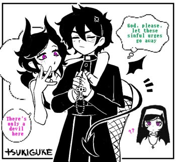 Rule 34 | 1boy, 2girls, alternate universe, andrew graves, artist name, ashley graves, bat wings, english text, fishnet thighhighs, fishnets, horns, multiple girls, nun, pink eyes, praying, priest, speech bubble, tail, the coffin of andy and leyley, thighhighs, thought bubble, tsukiguke, wings