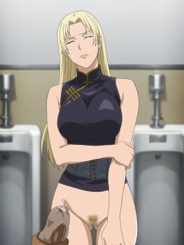 1boy 1girl absurdres black_shirt blonde_hair bottomless breasts brown_panties censored chinese_clothes closed_eyes commentary_request commission cum cum_on_clothes ejaculation female_pubic_hair gluteal_fold highres jujutsu_kaisen large_breasts long_hair male_masturbation masturbation mosaic_censoring panties panties_on_penis penis pixiv_commission pov pubic_hair pussy salmon_knight shirt sleeveless sleeveless_shirt standing thigh_gap thighs tsukumo_yuki_(jujutsu_kaisen) underwear