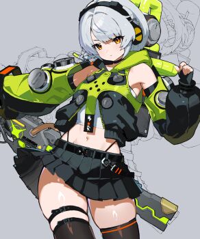 1girl absurdres anby_demara bare_shoulders belted_skirt black_gloves black_skirt black_thighhighs braid braided_sidelock closed_mouth commentary_request cowboy_shot fingerless_gloves gloves green_jacket green_sleeves grey_background grey_hair headphones highres holding holding_behind_back holding_sword holding_sword_behind_back holding_weapon holding_weapon_behind_back hood hooded_jacket jacket looking_at_viewer midriff multicolored_sleeves navel orange_eyes short_hair skindentation skirt sleeveless sleeveless_jacket solo sword thigh_strap thighhighs weapon zenless_zone_zero zolapunch