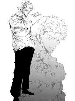 1boy artist_name highres hood hooded_jacket itadori_yuuji jacket jujutsu_kaisen jujutsu_kaisen_modulo male_focus monochrome scar signature solo spiked_hair tiyu0710 twitter_username