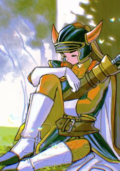 1boy arm_rest armor belt belt_buckle blue_armor bodysuit boots buckle cape closed_eyes dragon_quest dragon_quest_i fake_horns gloves hashtag-only_commentary helmet hero_(dq1) highres horned_helmet horns knee_up male_focus mouyi no_mouth orange_bodysuit outdoors red_cape sheath sheathed shoulder_armor sitting solo sword turtleneck turtleneck_bodysuit two-sided_cape two-sided_fabric weapon white_boots white_gloves