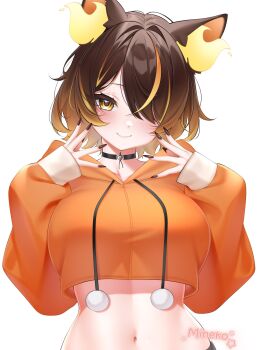 1girl animal_ears artist_name black_nails blush breasts brown_hair choker commentary cropped_jacket hair_over_one_eye highres hood hooded_jacket indie_virtual_youtuber jacket large_breasts looking_at_viewer midriff minekoart multicolored_hair navel orange_eyes orange_hair orange_jacket short_hair sinder_(pyro_pajamas)_(vtuber) sinder_(vtuber) smile solo streaked_hair symbol-only_commentary virtual_youtuber white_background wolf_ears wolf_girl