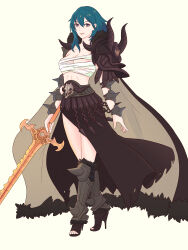 Rule 34 | 1girl, absurdres, alternate costume, aqua hair, armor, bandaged chest, black footwear, black skirt, breasts, brown cape, brown eyes, byleth (female) (fire emblem), byleth (fire emblem), cape, chest sarashi, closed mouth, collarbone, commentary, cosplay, english commentary, eyelashes, fire emblem, fire emblem: three houses, full body, fur-trimmed cape, fur trim, graves, high heels, highres, holding, holding sword, holding weapon, large breasts, long hair, long skirt, nemesis (fire emblem), nemesis (fire emblem) (cosplay), nintendo, sarashi, shoulder armor, simple background, skirt, smile, solo, spikes, standing, sword, toeless footwear, toes, torn clothes, torn skirt, truejekart, two-sided cape, two-sided fabric, weapon, white background