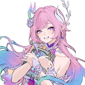 1girl book bunnyoki collarbone cyrene_(demiurge)_(honkai:_star_rail) cyrene_(honkai:_star_rail) diamond-shaped_pupils diamond_(shape) dress flower hair_flower hair_ornament hashtag-only_commentary heart_ring highres holding holding_book honkai:_star_rail honkai_(series) jewelry multicolored_hair pink_hair pink_pupils pointy_ears purple_eyes purple_flower purple_rose revision ring rose simple_background smile solo symbol-shaped_pupils twitter_username upper_body white_background white_dress