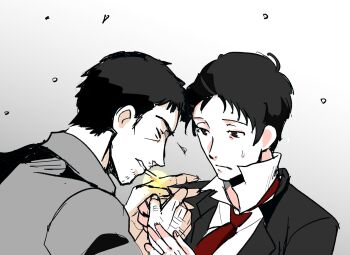 Rule 34 | 2boys, adachi tooru, ajirostudio, black eyes, black hair, black jacket, cigarette, closed eyes, closed mouth, collared shirt, commentary request, doujima ryoutarou, facial hair, formal clothes, grey background, grey shirt, hand on another's chest, highres, jacket, looking at another, male focus, multiple boys, necktie, persona, persona 4, red necktie, shirt, short hair, stubble, suit, upper body, white shirt