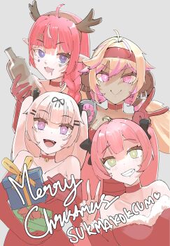 Rule 34 | 4girls, :>, :3, absurdres, ahoge, alternate costume, alternate hairstyle, animal ear piercing, animal ears, azuxxrou, bare shoulders, bell, black bow, black ribbon, blonde hair, blue eyes, blunt bangs, bottle, bow, box, breasts, bright pupils, brown hairband, camila (vtuber), choker, christmas, christmas present, closed mouth, collarbone, colored eyelashes, commentary, dark-skinned female, dark skin, diamond facial mark, dot nose, dress, drooling, elbow gloves, eyelashes, facial mark, fake antlers, fang, fangs, fur trim, gift, gift box, gloves, green eyes, grey background, hair bow, hair ornament, hair over shoulder, hair ribbon, hairband, hairclip, headband, heart, highres, holding, holding bottle, holding box, holding gift, indie virtual youtuber, koko d. nuts, long hair, mechanical arms, merry christmas, mismatched eyelashes, monkey ears, monkey girl, mouth drool, multicolored hair, multiple girls, neck bell, open mouth, pink eyes, pink hair, pointy ears, portmanteau, purple eyes, red choker, red dress, red gloves, red headband, ribbon, simple background, single mechanical arm, slice of toma, smile, streaked hair, suko (vtuber), teeth, twintails, two-tone hair, upper teeth only, v, v-shaped eyebrows, virtual youtuber, white hair, white pupils