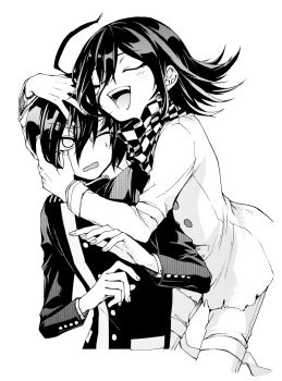 2boys ahoge arm_belt black_hair blush buttons checkered_clothes checkered_scarf closed_eyes commentary_request cropped_torso danganronpa_(series) danganronpa_v3:_killing_harmony flipped_hair greyscale hair_between_eyes head_hug highres hug kinashi_runamu long_sleeves male_focus medium_hair monochrome multiple_boys oma_kokichi open_mouth pants saihara_shuichi scarf short_hair simple_background smile sweatdrop teeth thigh_strap two-tone_scarf white_background yaoi