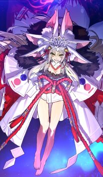 1girl animal_ear_fluff animal_ears bare_shoulders barefoot blonde_hair blue_background breasts burning claws cleavage closed_mouth commentary_request crown dripping extra_ears fangs fate/grand_order fate_(series) fingernails fire fox_ears fox_girl fox_tail full_body fur-trimmed_kimono fur_trim game_cg grin hair_between_eyes japanese_clothes kimono kitsune koyanskaya_(fate) koyanskaya_(lostbelt_beast:iv)_(fate) large_breasts long_hair looking_at_viewer monster_girl multiple_animal_ears multiple_tails off_shoulder official_art rope shimenawa sidelocks smile solo tail talisman third-party_source very_long_hair wada_arco white_background white_kimono yellow_eyes