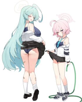 Rule 34 | 2girls, absurdres, ahoge, ankle socks, aqua hair, armband, ass, bandaid, bandaid on leg, bandaid on thigh, black skirt, blue archive, blue eyes, blue necktie, blue one-piece swimsuit, blush, breasts, brown halo, closed eyes, closed mouth, clothes lift, dress shirt, facing back, from behind, from side, full body, halo, hashtag-only commentary, heterochromia, highres, holding, holding hose, hose, hoshino (blue archive), hoshino (first year) (blue archive), huge ahoge, large breasts, long hair, looking at viewer, looking to the side, multiple girls, necktie, nogong, one-piece swimsuit, open mouth, orange eyes, partially undressed, pink hair, pink halo, plaid clothes, plaid skirt, school uniform, shirt, shirt partially removed, short hair, simple background, skirt, skirt lift, small breasts, socks, standing, swimsuit, swimsuit under clothes, too many bandaids, very long hair, wet, white background, white shirt, white socks, yume (blue archive)