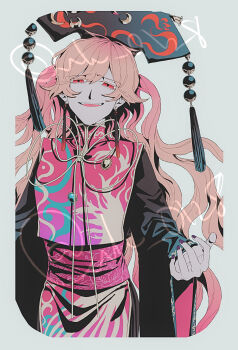 1girl beads belt black_dress black_hat blue_gemstone border chinese_clothes commentary cowboy_shot crescent crescent_hat_ornament dalachi_(headdress) dress earrings empty_eyes english_commentary eyelashes fingernails floral_print gem grey_background grey_border hair_between_eyes half-closed_eyes hands_up hat hat_ornament highres jewelry junko_(touhou) long_hair long_sleeves looking_at_viewer mandarin_collar nail_polish neck_ribbon open_mouth orange_hair phoenix_print pink_belt purple_nails raya_(uk_0128) red_eyes red_tabard ribbon simple_background smile solo standing tabard tassel tassel_earrings teeth touhou twitter_username wavy_hair wide_sleeves yellow_gemstone yellow_ribbon