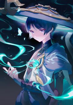 1boy absurdres ajirogasa aqua_butterfly black_background black_pants black_shirt blue_eyes blue_hair bracer chinese_clothes chinese_commentary closed_mouth colored_eyelashes commentary_request cowboy_shot expressionless eyeliner genshin_impact hat highres jacket layered_sleeves light_particles long_sleeves looking_ahead magic makeup male_focus open_clothes open_jacket pants purple_hat red_eyeliner scaramouche_(genshin_impact) shanwenyufan shirt short_hair short_over_long_sleeves short_sleeves simple_background solo standing tassel tsurime turtleneck turtleneck_shirt vision_(genshin_impact) waist_tassel wanderer_(genshin_impact) white_jacket