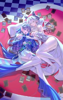 Rule 34 | 2girls, absurdres, arianna the labrynth servant, arianne the labrynth servant, arias the labrynth butler, bare shoulders, blue dress, blue eyes, breasts, card, card game, character doll, closed mouth, demon girl, demon horns, detached collar, detached sleeves, doll, dress, drill hair, duel monster, fins, fish girl, full body, grabbing another's breast, grey eyes, grey hair, groping, head fins, highres, horns, kitkallos (yu-gi-oh!), knight (yu-gi-oh!), labrynth chandraglier, labrynth cooclock, long sleeves, looking at another, looking at viewer, lovely labrynth of the silver castle, lying, multiple girls, open mouth, pillow, playing games, rare lemon, skirt, sleeveless, sleeveless dress, smile, stuffed toy, tearlaments havnis, tearlaments kitkallos, tearlaments merrli, tearlaments rulkallos, tearlaments scheiren, thighhighs, twin drills, white dress, white skirt, white thighhighs, yu-gi-oh!, yuri