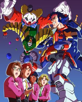 2boys 4girls adam&#039;s_apple afro_puffs armor artist_name balloon black_hair black_sclera blonde_hair blue_background blue_bodysuit blue_eyes blue_hair blue_necktie bodysuit bow bowtie brown_eyes brown_hair bunny_higgins cath_ronary chest_jewel chibodee_crocket clenched_hands clenched_teeth clown clown_makeup clown_nose collared_shirt colored_sclera covered_abs cropped_jacket dark-skinned_female dark_skin ear_piercing evil_smile facial_mark fighting_stance g_gundam glasses gloves gradient_background green_eyes green_necktie green_shirt gun gundam gundam_maxter handgun hat headset highres holding holstered jacket janet_smith jester_gundam jinou_rakugaki jumping mecha mecha_pilot_suit medium_hair mini_hat mini_top_hat mobile_suit mobile_trace_suit multicolored_hair multiple_boys multiple_girls necktie no_pupils open_clothes open_hands open_jacket open_mouth outstretched_arms piercing pink_eyes pink_hair pink_jacket pink_lips polka_dot polka_dot_bow polka_dot_bowtie purple_background purple_eyes red_eyes red_hair red_jacket red_necktie revolver robot romario_monini scared shirley_lane shirt short_hair shoulder_armor sidelocks smile star_(symbol) teeth thick_lips top_hat two-tone_hair upper_teeth_only v-fin v-shaped_eyebrows weapon white_gloves white_shirt yellow_necktie