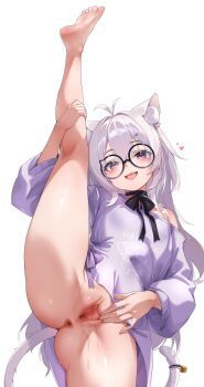 1girl absurdres animal_ear_fluff animal_ears antenna_hair anus barefoot bell black_choker bloom blush bottomless breasts cat_ears cat_girl cat_tail choker commentary_request eyebrows_hidden_by_hair glasses hair_between_eyes has_bad_revision has_censored_revision highres hinanawi_mika jingle_bell long_hair looking_at_viewer open_mouth original purple_eyes purple_shirt pussy pussy_juice round_eyewear shirt simple_background small_breasts smile soles solo split standing standing_on_one_leg standing_split tail tail_bell tail_ornament toes uncensored white_background