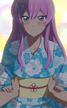 1boy 1girl absurdres anime_screenshot blush floral_print fuufu_ijou_koibito_miman. waist_grab green_eyes hands_on_wrists highres japanese_clothes kimono looking_at_viewer nail_polish purple_hair smile stitched third-party_edit watanabe_akari yukata