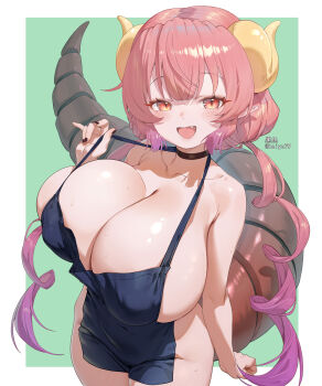1girl absurdres apron artist_name bare_shoulders black_choker black_nails blush breasts choker cleavage collarbone covered_erect_nipples dragon_girl dragon_horns dragon_tail fang gradient_hair green_background heiyu highres horns huge_breasts ilulu_(maidragon) kobayashi-san_chi_no_maidragon long_hair looking_at_viewer low_twintails multicolored_hair nail_polish naked_apron open_mouth pink_hair pointy_ears red_eyes shortstack slit_pupils solo standing strap_pull sweat tail twintails twitter_username very_long_hair