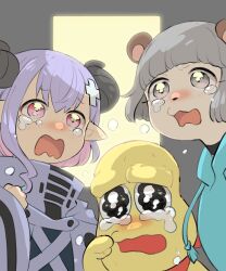 Rule 34 | 1boy, 2girls, animal ears, animal nose, bald, black choker, black eyes, blue hoodie, blush, choker, clenched hand, colored inner hair, colored skin, commentary request, crying, crying with eyes open, demon horns, doorway, frown, glowing, grey eyes, grey sleeves, hand up, happy tears, high collar, highres, hood, hood down, hoodie, horns, indie virtual youtuber, long pointy ears, mimic (vtuber), mode aim, multicolored hair, multiple girls, ohitori (o hitori sama 1), open mouth, peanuts-kun, pink eyes, pink hair, pointy ears, ponpoko (vtuber), purple hair, raccoon ears, raccoon girl, shrug (clothing), tears, wavy eyes, wavy mouth, yellow skin